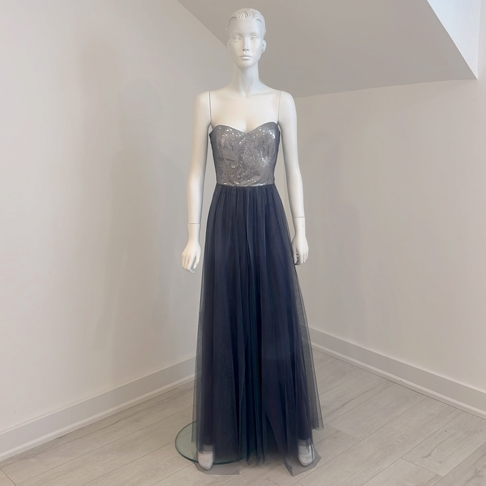 NWT SAMPLE SALE Studio Dessy 4502 Stormy(blue/gray) size 10 sequin net. Pristine